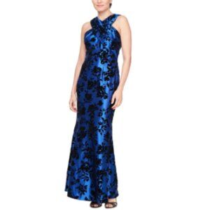 Sl Fashions Petite Women's Flocked Velvet Halter Gown